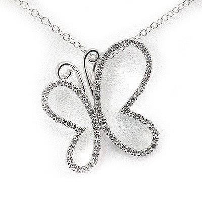 Genuin E0.15 Ctw White Diamond Butterfly Necklace 14K W: Main Stone: White Diamond ; Cut Style: Rd ; Total Carat Weight: 0.15; Jewelry Style: Butterfly ; Metal Purity: 14K ; Metal: White Gold; Dimension: 16" ; Total Weight(G): 1.85 ; MSRP: $420