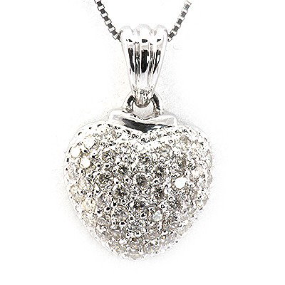 Genuine 0.66Ctw White Diamond Heart Necklace 14K White: Main Stone: White Diamond ; Cut Style: Pave Rd ; Total Carat Weight: 0.66; Jewelry Style: Heart ; Metal Purity: 14K ; Metal: White Gold; Dimension: 16" ; Total Weight(G): 2.15 ; MSRP: $2639
