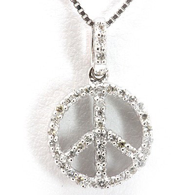 Genuine 0.16 Ctw White Diamond Peace Sign Necklace 14K: Main Stone: White Diamond ; Cut Style: Rd ; Total Carat Weight: 0.16; Jewelry Style: Peace Sign ; Metal Purity: 14K ; Metal: White Gold; Dimension: 16" ; Total Weight(G): 0.83 ; MSRP: $1043
