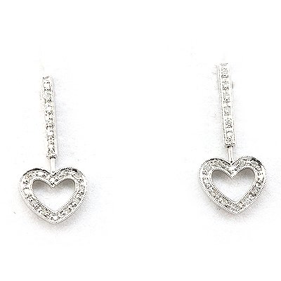 Genuine 0.17 ctw Diamond Heart Dangling Earring 14k: Genuine 0.17 ctw Diamond Heart Dangling Earring 14k **|**|** Main Stone: White Diamond ; Cut Style: Rd ; Total Carat Weight: 0.17; Jewelry Style: Heart Dangling ; Metal Purity: 14K ; Metal: White Gold