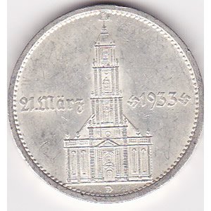 Germany 5 reichsmark 1934, Potsdam Church with date: Germany 5 reichsmark 1934, Potsdam Church with date **|**|** KM#82, 5 reichsmark dated 1934, with March 21, 1933 date commemorating the first anniversary of Nazi rule. VF-XF condition. ; MSRP: $985