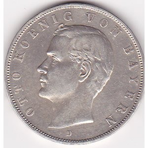 Bavaria 3 mark silver 1908-1913: Bavaria 3 mark silver 1908-1913 **|**|** KM#996, King Otto, with .4823 ounces of silver. VF-XF condition. ; MSRP: $990