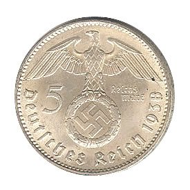 Germany Third Reich 5 reichsmark, 1936-1939, VF-AU, KM9: Germany Third Reich 5 reichsmark, 1936-1939, VF-AU, KM9 **|**|** This is a silver 5 reichsmark from the German Third Reich, dated from 1936-1939. .9000 fine silver, .4016 ounces. ; MSRP: $975