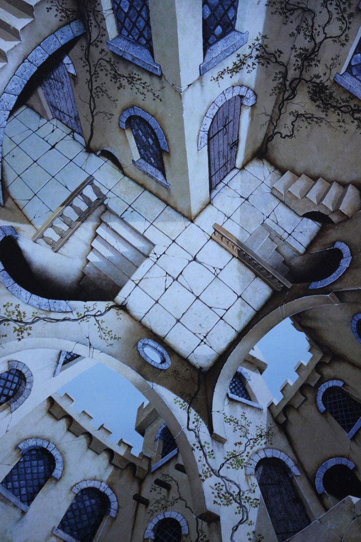 OPTICAL ILLUSION PAINTING STYLE: OPTICAL ILLUSION PAINTING STYLE **|**|** 24X36 INCHES; UNFRAMED; This poster is of The Courtyard. With optical illusion elements, it is similar to works by M.C. Escher. IF YOU HAVE ANY QUESTIONS PLEAS