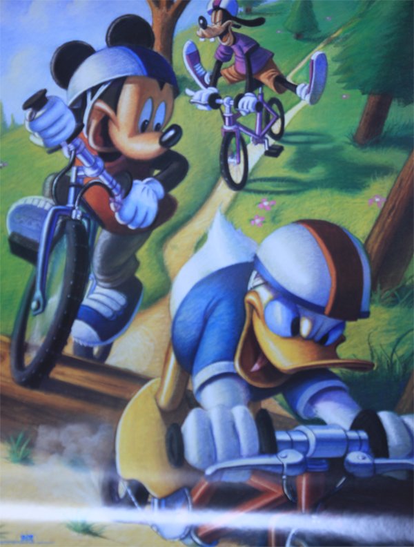Mickey Mouse an icon for The Walt Disney Company.: Mickey Mouse an icon for The Walt Disney Company. **|**|** 22X28INCHES; UNFRAMED; Mickey Mouse and Friends Biking . Mickey Mouse is an animal cartoon character who has become an icon for The Walt Disn