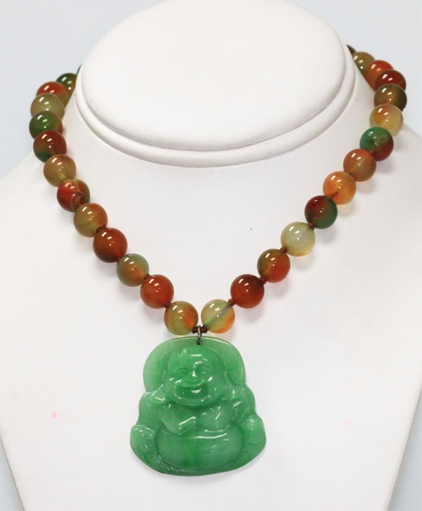 MULTICOLOR JADE CHINESE GOOD LUCK CHARM BUDDHA NECKLACE