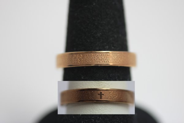 YELLOW BRASS PLATED RING WITH ENGRAVED CROSS AND PRAYER