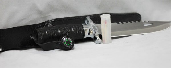 COLLECTORS EDITION 11" SURVIVAL KNIFE: COLLECTORS EDITION 11" SURVIVAL KNIFE **|**|** OVERALL LENGTH 11"; 6" BLADE; 5" HANDLE; COMPASS ON END WHICH OPENS TO HOUSE A SMALL SURVIVAL KIT WITH BLACK SHEATH