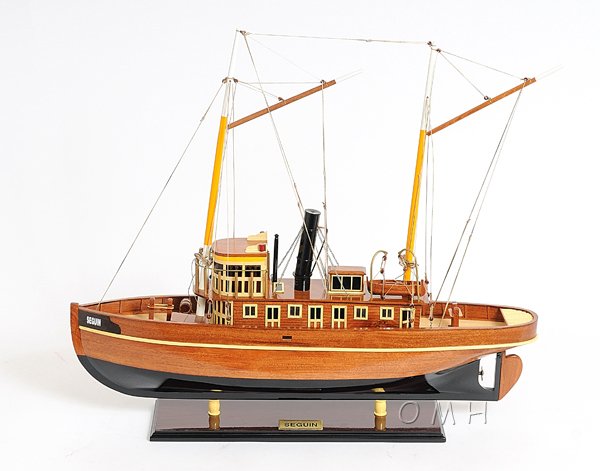 HAND MADE WOODEN Seguin SHIP W/COA: HAND MADE WOODEN Seguin SHIP W/COA **|**|** DIMENSIONS 66L X 15W X 58H. This is a great model of Seguin tug boat. It was all handmade by strips of mahogany and teak. All built plank on frame. Look at