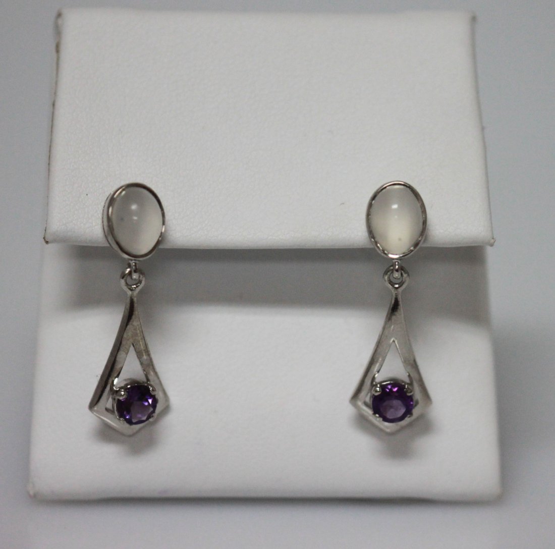 4.32 CTW AMETHYST AND MOONSTONE EARRINGS .925 STERLING: 4.32 CTW AMETHYST AND MOONSTONE EARRINGS .925 STERLING **|**|** 4.32 CTW AMETHYST AND MOONSTONE EARRINGS .925 STERLING SILVER