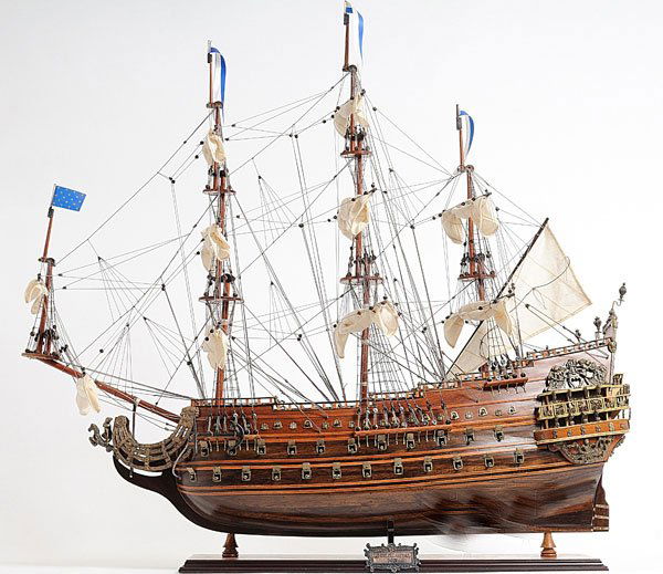 HAND MADE WOODEN Solei Royal W/COA: HAND MADE WOODEN Solei Royal W/COA **|**|** Dimensions: 80L x 20W x 85H (cm) Description: This is a museum-quality Soleil Royal model, FULLY ASSEMBLED replica of the most impressive tall ship ever in