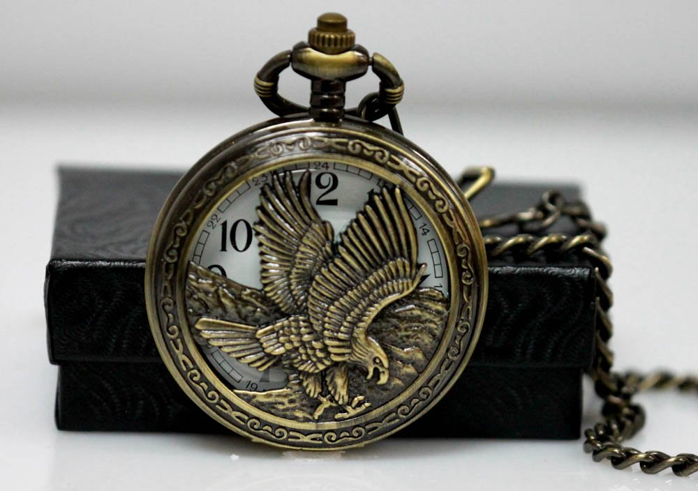Collectors Edition Antique Style Brass Open Window Bald: Collectors Edition Antique Style Brass Open Window Bald **|**|** Collectors Edition Antique Style Brass Open Window Bald Eagle Quartz Movement Pocket Watch w/chain