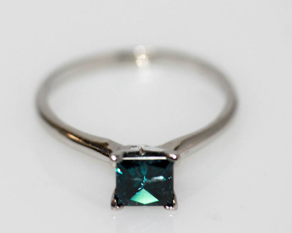 GENUINE CTW 0.91 BLUE DIAMOND SOLITAIRE RING 14K GOLD: GENUINE CTW 0.91 BLUE DIAMOND SOLITAIRE RING 14K GOLD **|**|** GENUINE 0.91 CTW PRINCESS CUT BLUE DIAMOND SOLITAIRE RING; COLOR ENHANCED: BLUE; CLARITY: I2/I3 14K WHITE OR YELLOW GOLD
