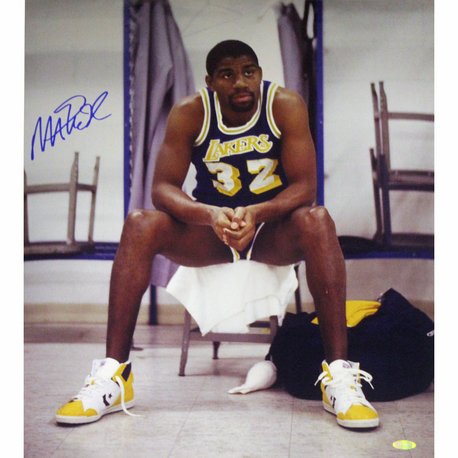 MAGIC JOHNSON SIGNED SITTING ON CHAIR VERTICAL PHOTO: MAGIC JOHNSON SIGNED SITTING ON CHAIR VERTICAL PHOTO **|**|** Magic Johnson Autographed Sitting on Chair Laker Purple Jersey Vertical 16x20 Photo with COA Coining the term triple-double Johnson filled