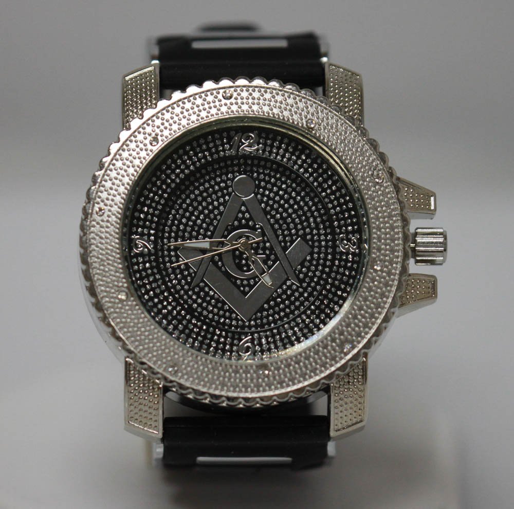 SILVER MASONIC WATCH W/ BLACK STRAP: SILVER MASONIC WATCH W/ BLACK STRAP **|**|** SILVER MASONIC WATCH W/ BLACK RUBBER STRAP AND MASONIC G SYMBOL