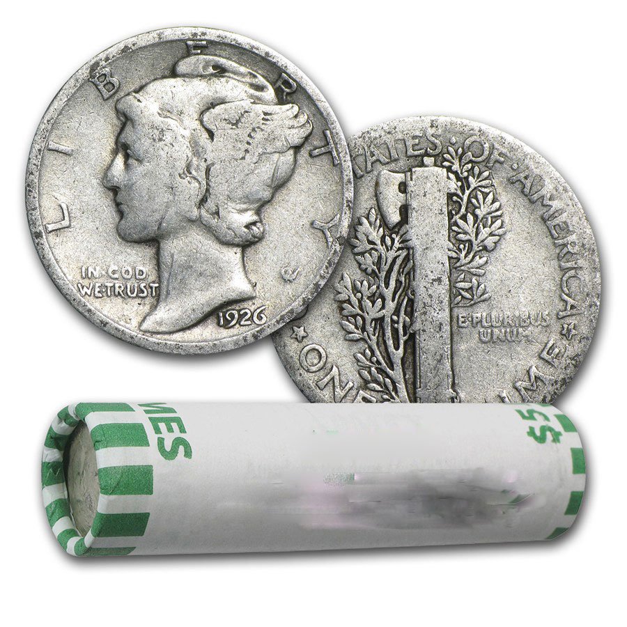 $5 Mercury Dimes - 90% Silver 50-Coin Roll (1916-1929): $5 Mercury Dimes - 90% Silver 50-Coin Roll (1916-1929) **|**|** $5 Mercury Dimes - 90% Silver 50-Coin Roll (1916-1929)