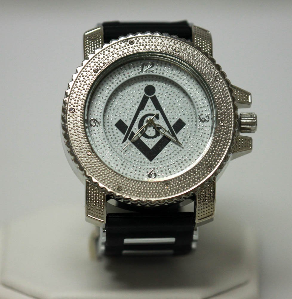 MODERN WHITE AND BLACK MASONIC WATCH W/SILVER BACK GROU: MODERN WHITE AND BLACK MASONIC WATCH W/SILVER BACK GROU **|**|** MODERN WHITE AND BLACK MASONIC WATCH W/SILVER BACK GROUND W/ BLACK MASONIC G SYMBOL