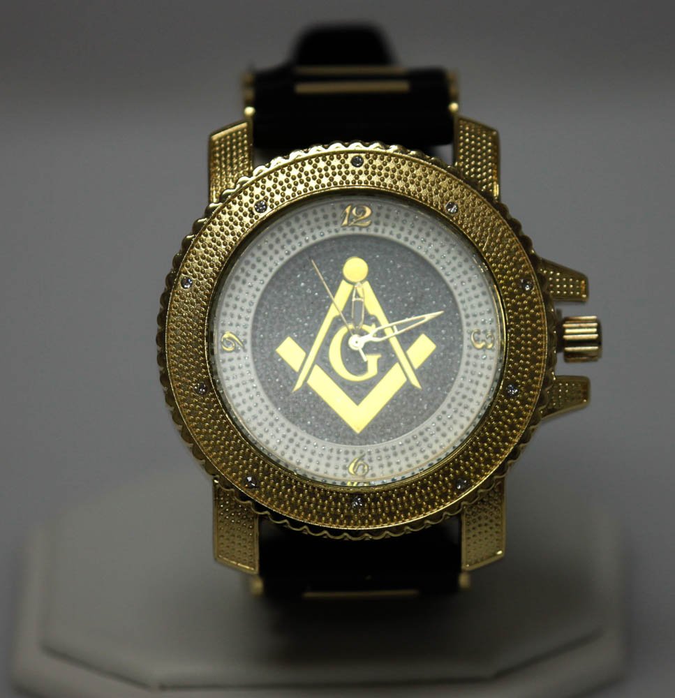 INTRIGUING WHITE ON GOLD MASONIC WATCH W/ BLACK BACK GR: INTRIGUING WHITE ON GOLD MASONIC WATCH W/ BLACK BACK GR **|**|** INTRIGUING WHITE ON GOLD MASONIC WATCH W/ BLACK BACK GROUND W/ GOLD MASONIC G SYMBOL