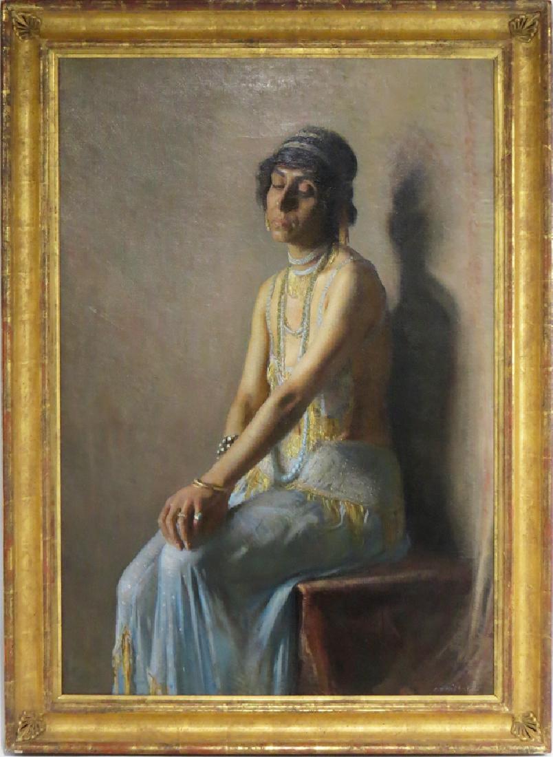 ALDRO THOMPSON HIBBARD (American, 1886-1972): portrait of forlorn seated woman sgn. l.r. A. T. Hibbard, o/c (relined), 44 by 3 in., framed paper label on reverse: