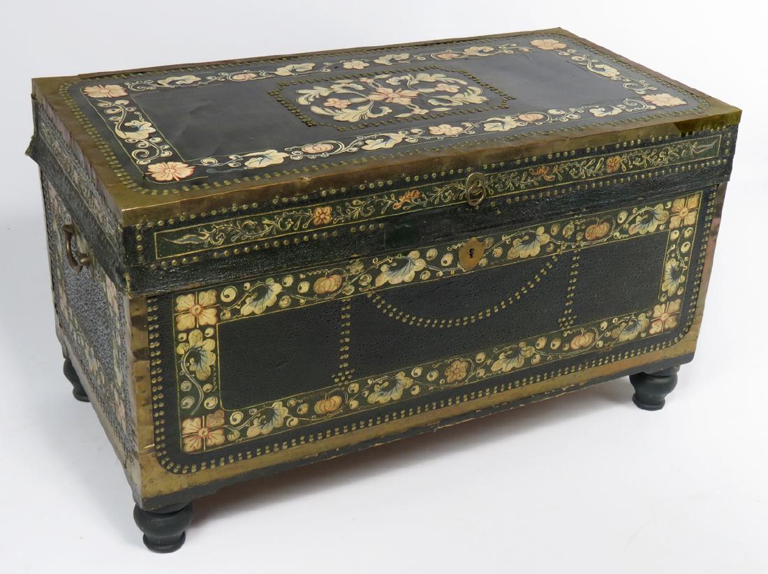 CHINA TRADE DECORATED LEATHER CAMPHORWOOD TRUNK (1 of 3)