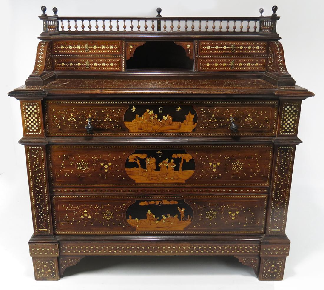 19TH C. ITALIAN MILANESE INLAID BUTLER'S DESK: with overall Moroccan-style geometric bone inlay, the rectangular top mounted with multi-drawered gallery, above three drawers (the top drawer has fall front writing surface) with panels of figural ma