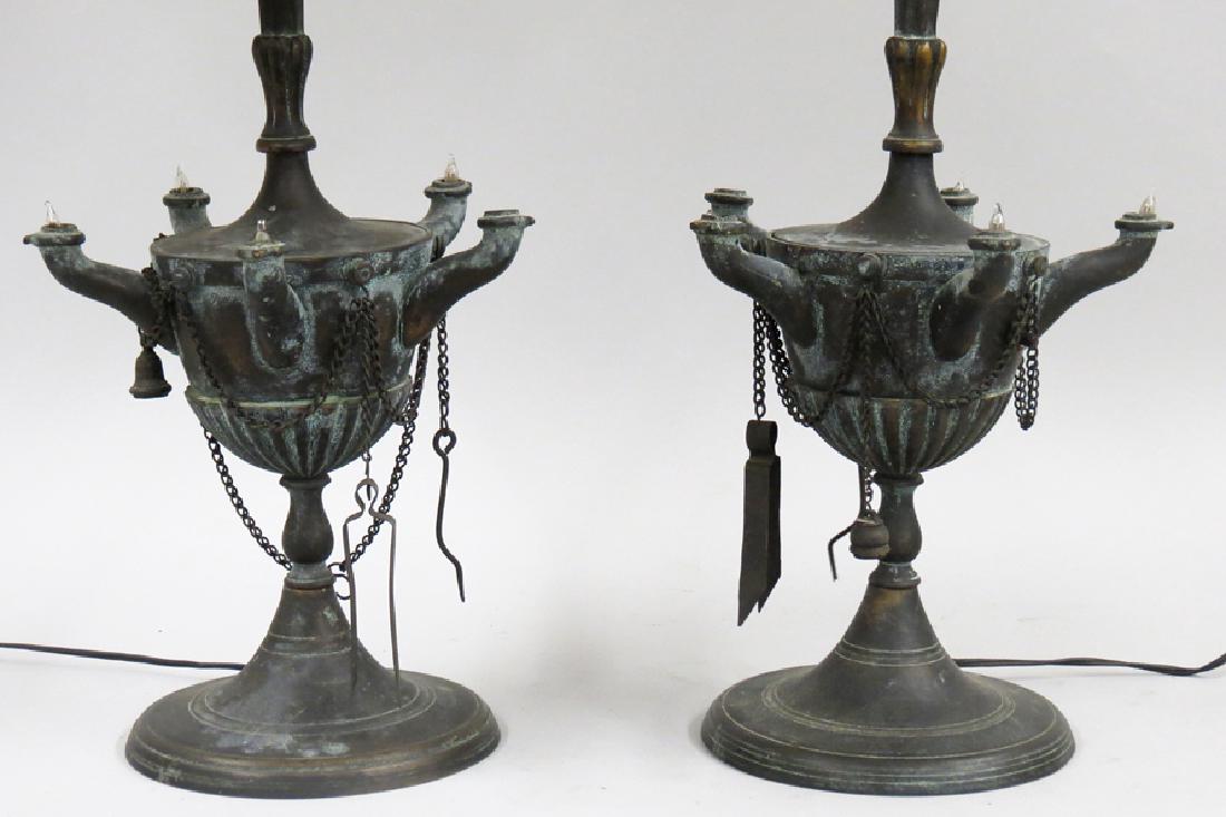 PAIR OF BRONZE ROMAN-STYLE OIL LAMPS, ELECTRIFIED (1 of 2)