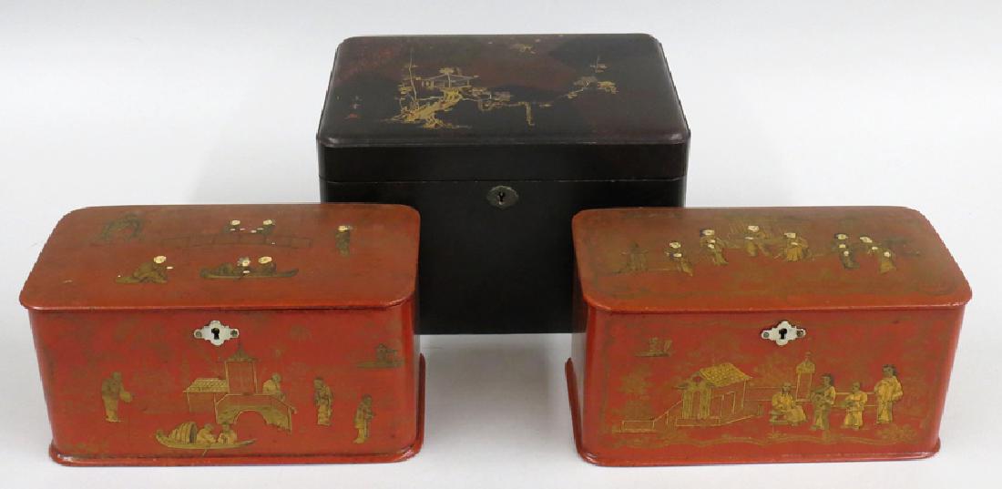 (on 3) PAIR CHINESE EXPORT RED CHINOISERIE TEA CADDIES (1 of 3)