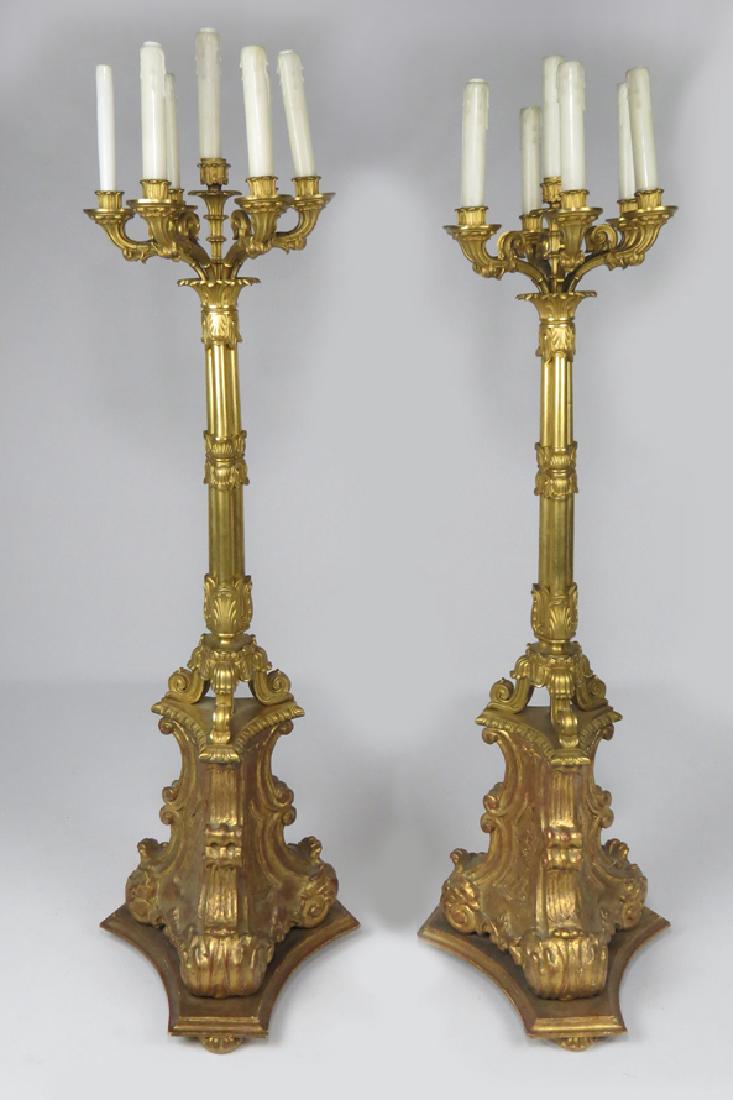 PAIR OF GILDED WOOD AND BRASS TORCHERES (1 of 2)