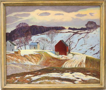 GEORGE GUSTAV ADOMEIT (American/German, 1879-1967): farm landscape in winter sgn. l.r. George G Adomeit, o/b, 25 by 30 in., framed