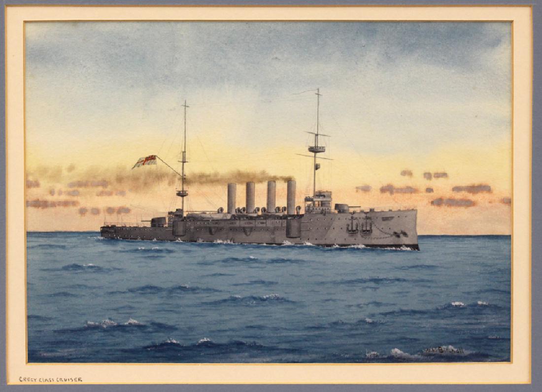 WILLIAM MINSHALL BIRCHALL (American, 1884-1941): CRECY CLASS CRUISER sgn. l.r. W. M. Birchall, watercolor, 7.5 by 10.5 in. (sight), matted, framed under glass From the pr
