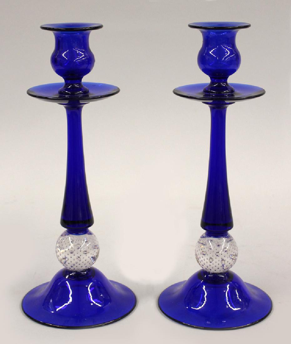 PAIR OF COBALT BLOWN GLASS CANDLESTICKS (1 of 1)