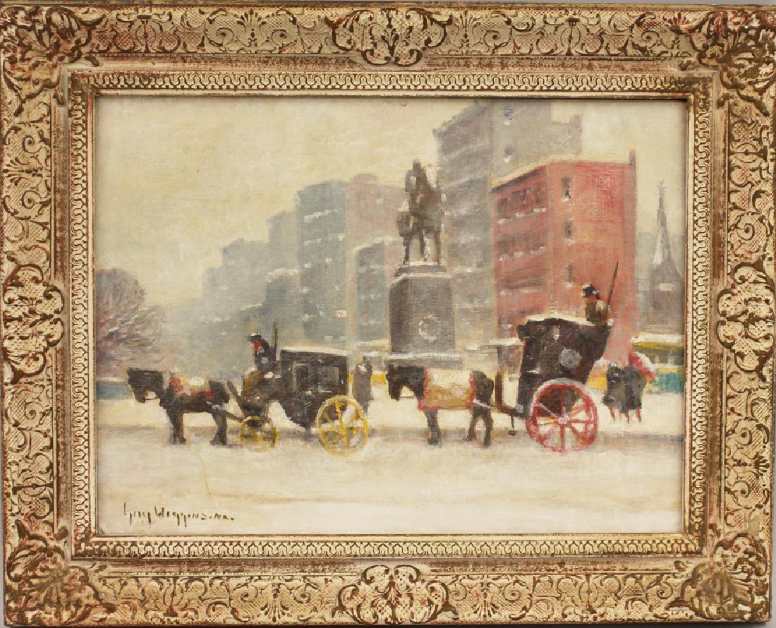 GUY CARLETON WIGGINS (American, 1883-1962): Winter at the Plaza sgn. l.l. Guy Wiggins NA, o/b, 12 by 16 in., framed written on reverse: Winter at the plaza/Guy Wiggins paper label: LYME ART ASSOCIATION From the collection of a Massachusetts gen