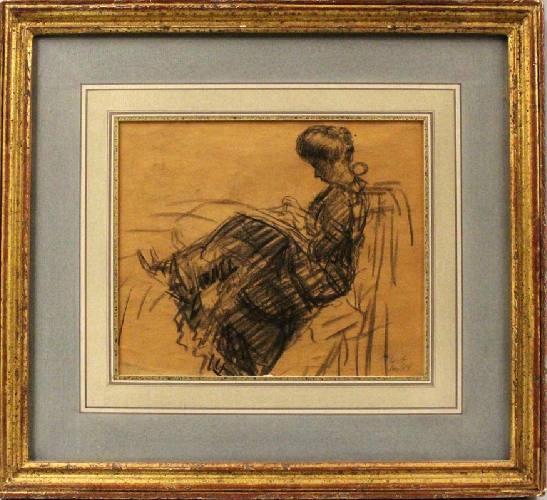 WILLIAM GLACKENS (American, 1870-1938): woman sewing sgn. l.r. W.G./per I.G. (Ira Glackens, son of the artist) black crayon on tan paper, 7 by 8 in., matted, framed under glass Multiple labels on reverse: American Drawings/Paul Magriel Coll