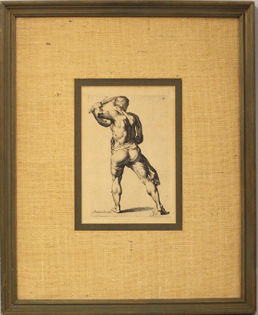 JAN DE BISSCHOP (Netherlands, 1628-1671): Hercules within print, Dominichin.inv.; initialed l.r., and 4 etching and line engraving, 8.25 by 5.75 in. (image), jute mat, framed under glass (incl. frame, 21.5 by 17.5) paper label on backing: BOU