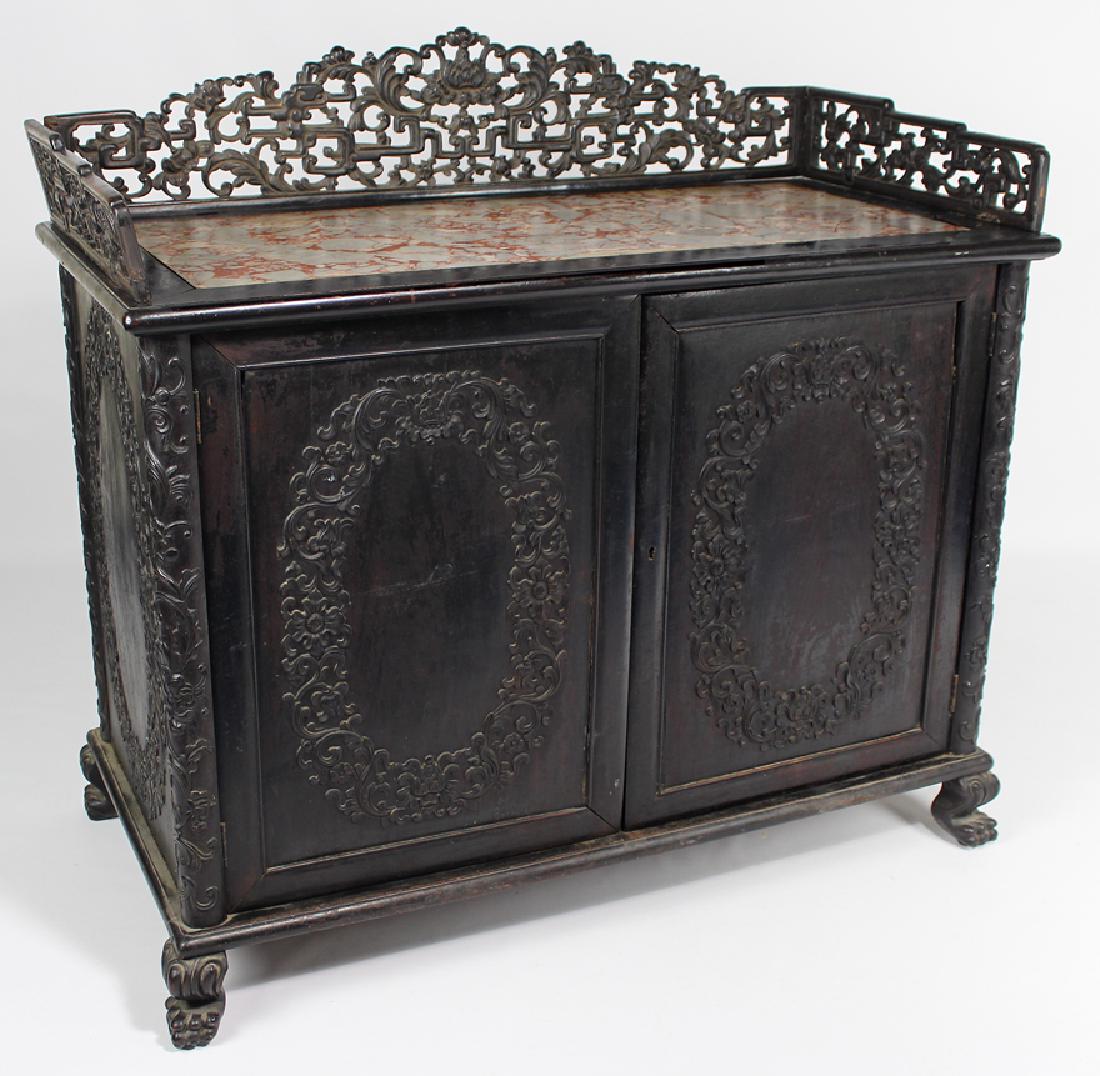 ANGLO-INDIAN CARVED EBONY CABINET WITH INSET MARBLE TOP (1 of 2)