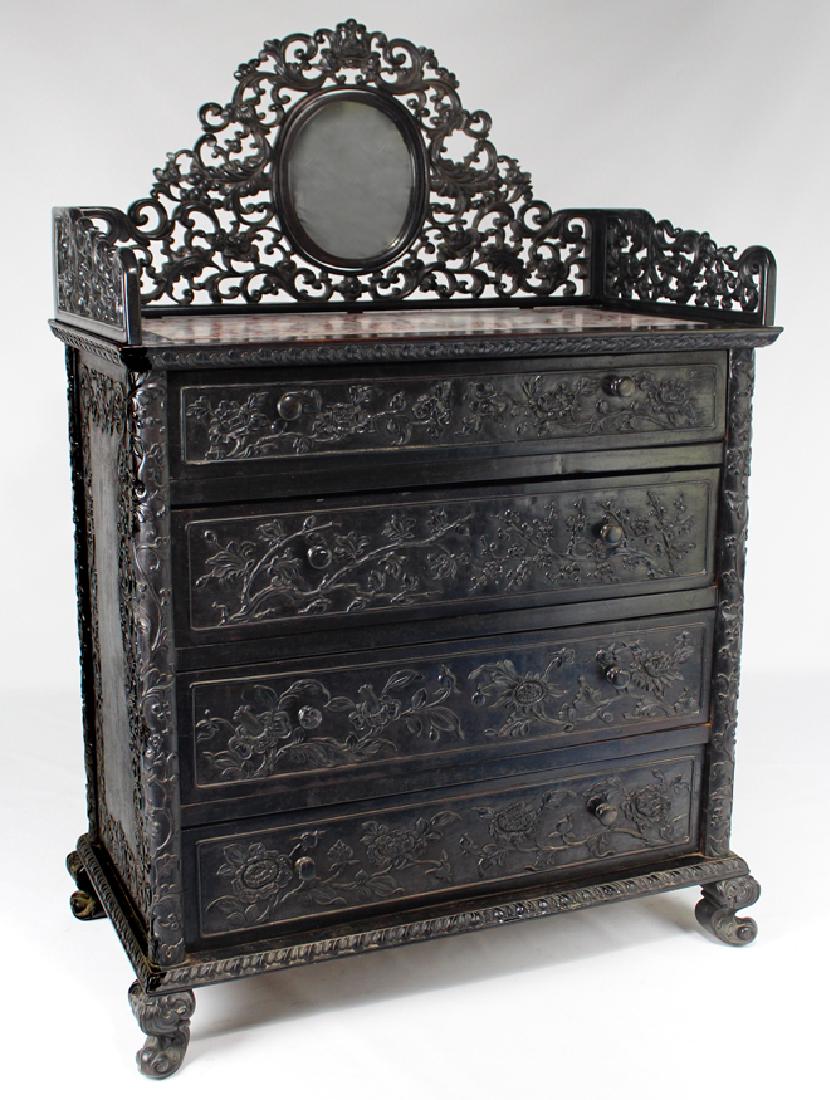ANGLO-INDIAN CARVED EBONY MARBLE-TOP COMMODE (1 of 2)