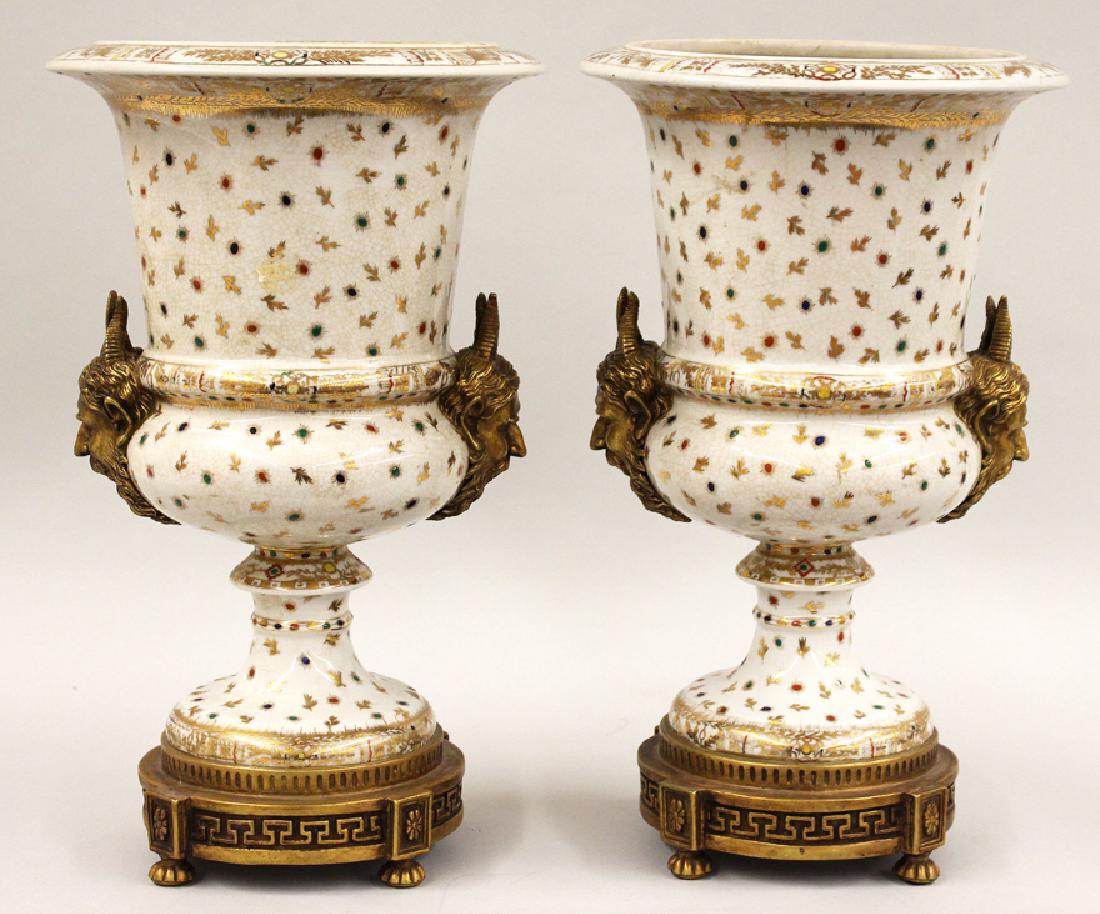 LARGE PAIR OF CONTINENTAL PORCELAIN AND ORMOLU URNS (1 of 4)
