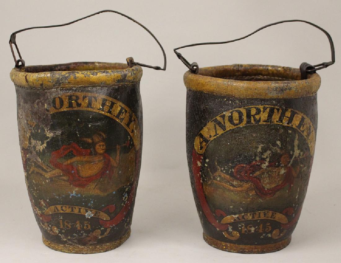 PAIR OF NEW ENGLAND LEATHER FIRE BUCKETS (1 of 2)