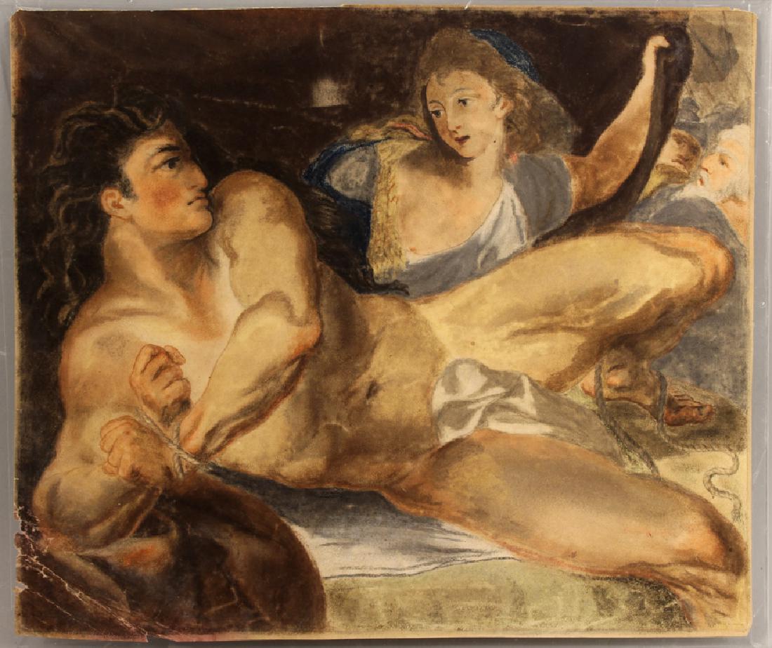 attrib. BENJAMIN WEST (American, 1738-1820): sketch, Samson and Delilah oil on paper, 10.25 by 12.25 in., unframed on reverse in pencil: From Sir Charles Prices Collection/Original drawing by/Benj. West/dyx/bys