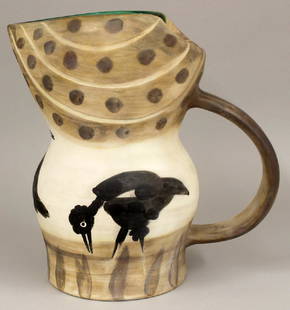 PABLO PICASSO DECORATED CERAMIC MADOURA JUG: decorated with three black birds in a pond written on bottom 99/100 Edition/Picasso; also incised EDITION/PICASSO and MADOURA