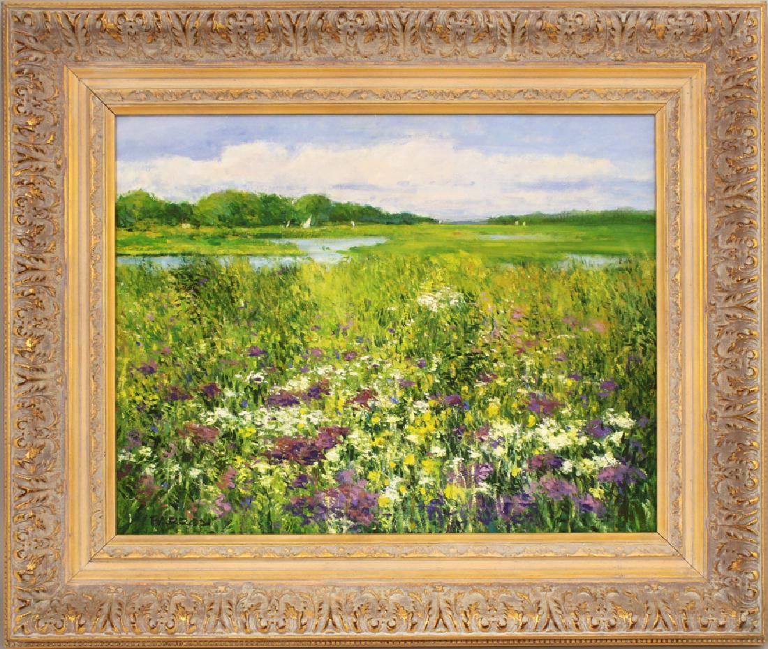 ROGER BARRON (American, 1938-2017): Gloucester marsh with iris sgn. l.l. Barron, o/b, 14 by 18 in., framed From the estate of Roger Barron, the Fenway, Boston, Massachusetts