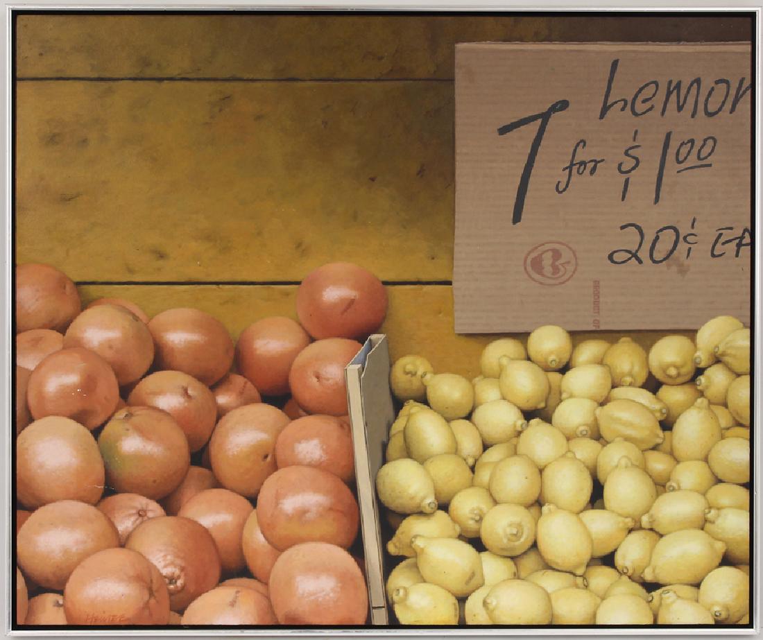 GUS HEINZE (German/American, b. 1926): Lemon 7 for $1.00/20¢ ea sgn. l.l Heinze, acrylic/p, 23.5 by 28.5 in., chrome frame