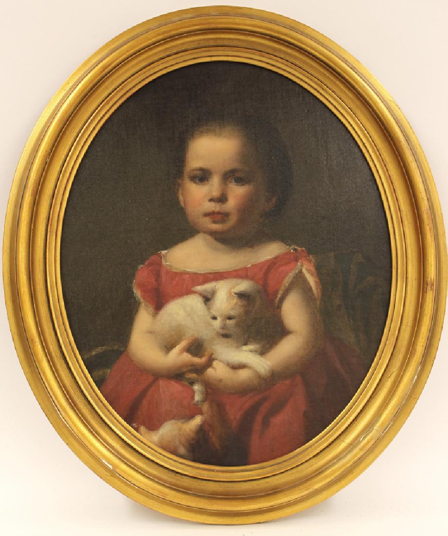 AMERICAN, 19th c.: Virginia Saunder with her cats (chaperone and tutor of Eleanor Dozier) unsigned, o/b, 22 by 18 in., oval gilt frame Attached family note: Virginia Saunder (Sandy)/Sandy was born about