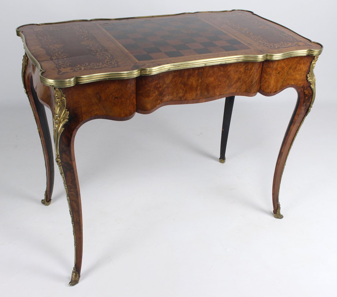 LOUIS XV-STYLE INLAID LADIES WRITING/GAMES TABLE: shaped top with ormolu edge and centered checkerboard, frieze drawer, ormolu mounts, 29"h; 36"w; 20"d