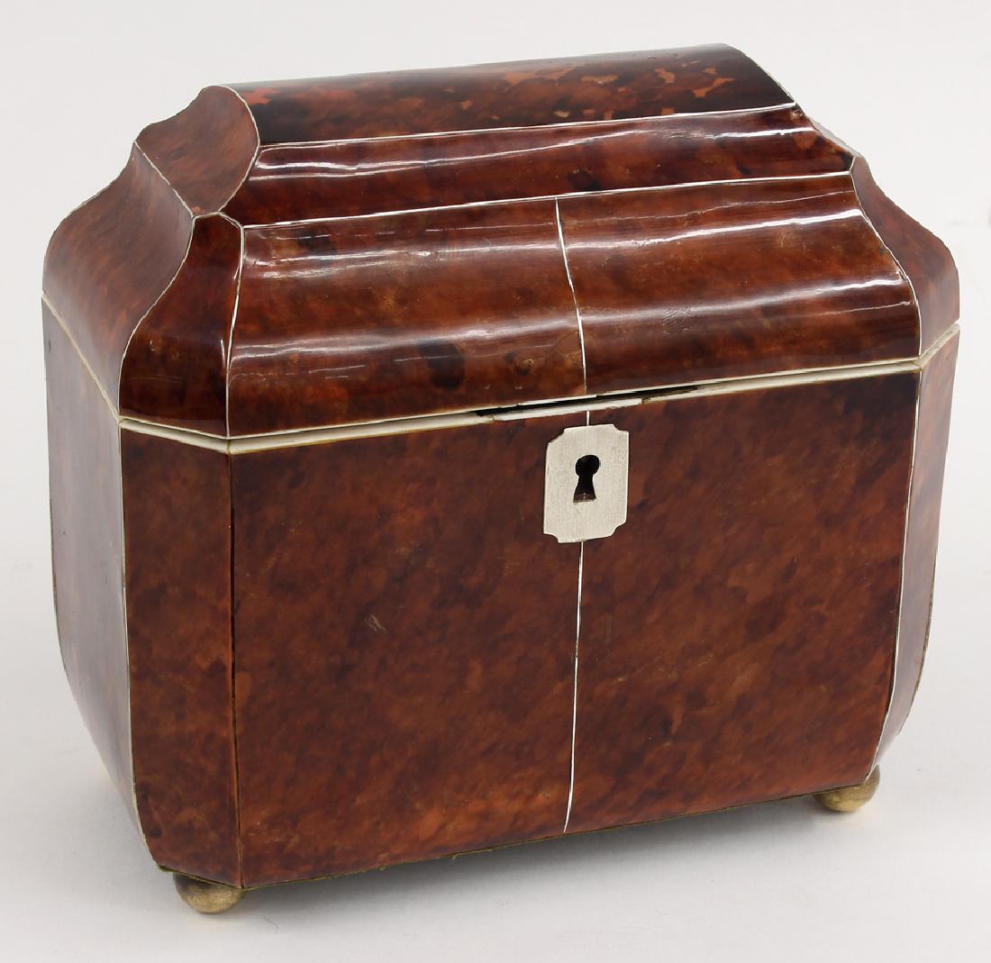 ENGLISH GEORGIAN SHELL TEA CADDY: silver escutcheon, interior fitted with shell double-lidded compartments, on ball feet, 6.5"h; 6.5"w; 4"d