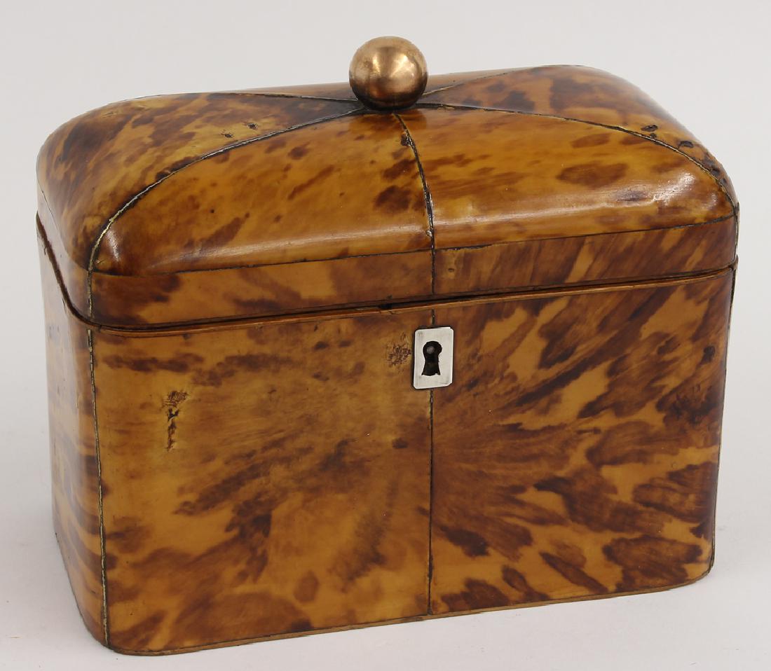 ENGLISH REGENCY SHELL TEA CADDY: rectangular-form with rounded corners, domed lid with metal ball knob, silver escutcheon, interior fitted with double lidded compartments, 5.75"h; 6.75"w; 3.75"d