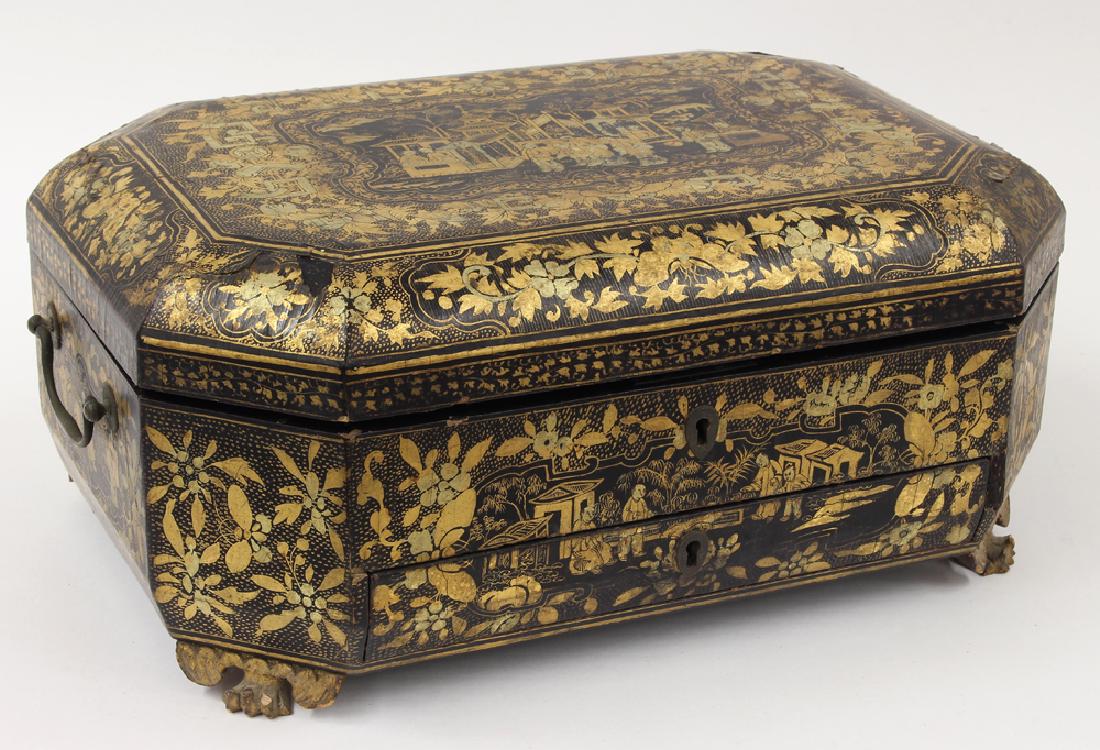 CHINESE EXPORT LACQUERED SEWING BOX: mid 19th c., fitted interior, 6.5"h; 14"w; 10"d