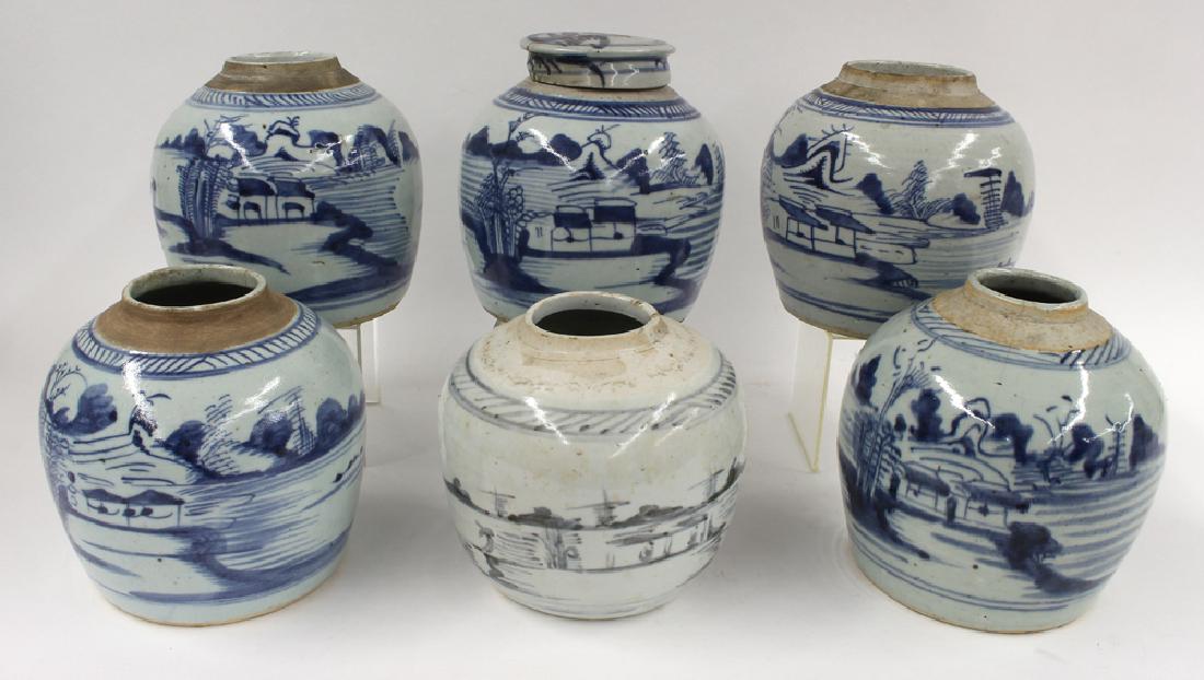 (6) CHINESE BLUE AND WHITE GINGER JARS: 19th c., only one has cover (which is cracked), approx. 6"h