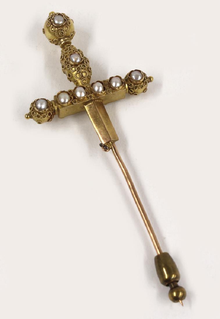 14K GOLD AND PEARL SWORD-FORM STICK PIN: poss. Russian, applied filigree, eight small seed pearls, 3.75"l