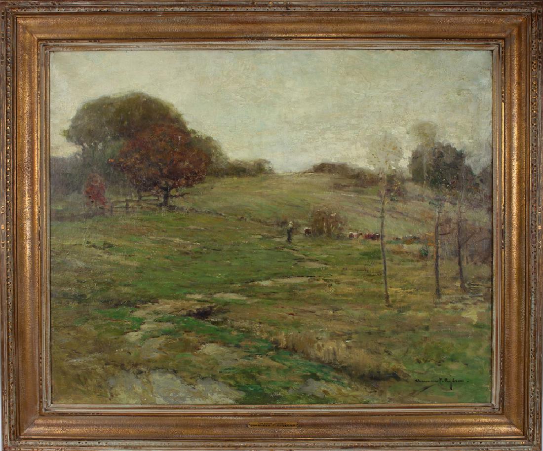 CHAUNCEY FOSTER RYDER (American, 1868-1949): pasture landscape with figure and cattle sgn. l.r. Chauncey F Ryder, o/c, 31 by 39 in.; original frame, 40 by 48 in.